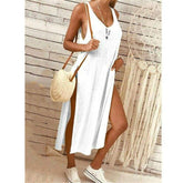 Summer WomenSolid Color Split Sleeveless V-Neck Loose Casual Party Bohemian Dress Holiday Beach Sundress